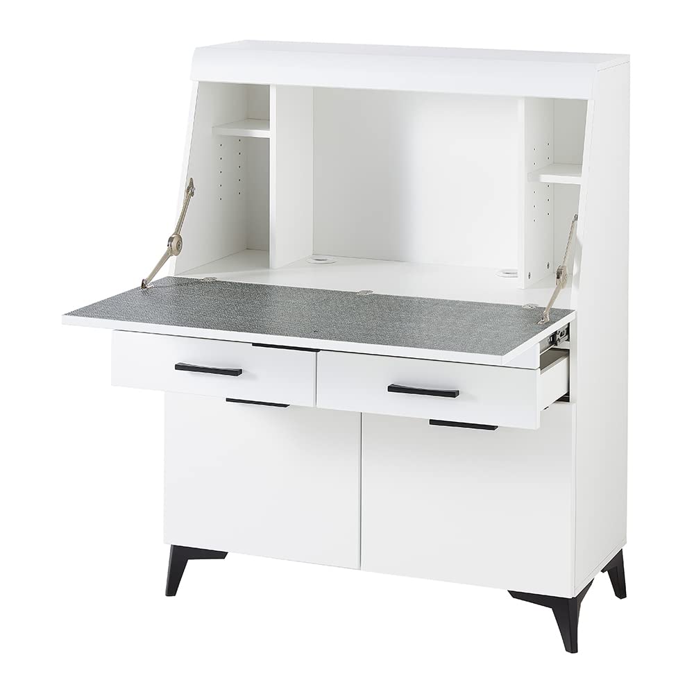 Lomadox Sekretär in weiß, Klapptür mit Türdämpfung, Drehtüren mit Softclose-Funktion, Griffe in schwarz, B/H/T ca. 98/124/42 cm