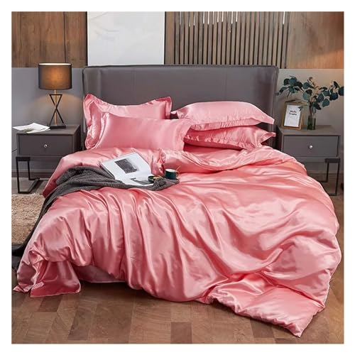 Sábana Bajera Ajustable de satén sólido Blanco, Funda nórdica, Juego de Cama de rayón, Color sólido, tamaño Doble, Cama de Lujo en una Bolsa (Sábana Plana Rosa_King 4PCS)