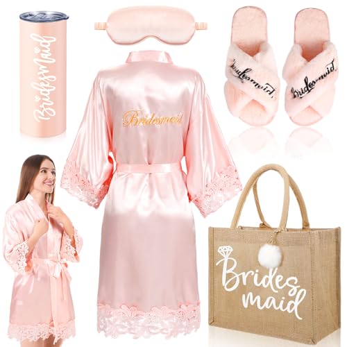 Image of Handepo 5 Pcs Bride Robes for Wedding Day Set Bride to Be Gifts Bridal Shower Gifts Bridesmaid Robe with Slippers Tumbler