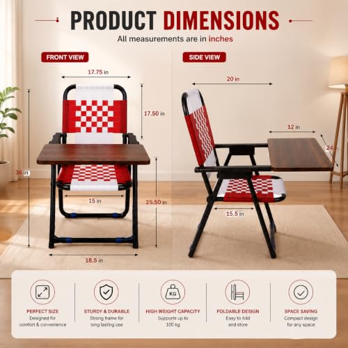 Image of Study Chair for Home with Writing Pad, Foldable Study Chair for Students, Niwar Seat and Back, Metal Frame, Folding Student Seat for Reading, Writing and Laptop Work, (Red & White)