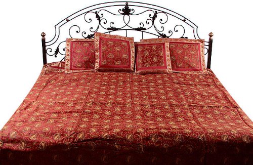 Exotic India Red Brocaded Banarasi Bedcover with All-Over Embroidered Paisleys - Silk - with Pillow-image-19