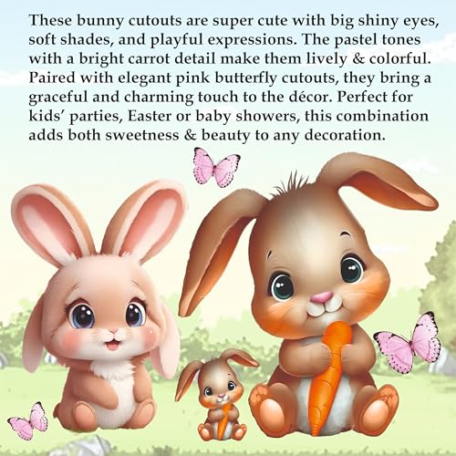 Image of 62 Pcs Set of Pink and balloons with Bunny and butterflies paper cutouts for Birthday Decoration, home decoration