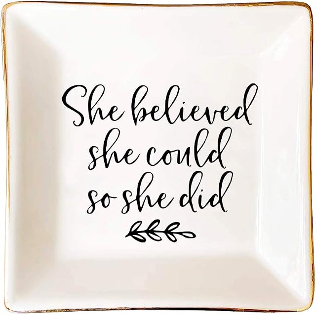 MaySunset Inspirational Ring Jewelry Dish Ceramic Trinket Tray - She Believed She Could for Best Friend Sister Birthday Christmas