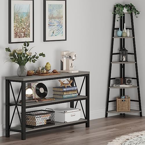 BON AUGURE Industrial Console Table for Entryway with Rustic 5-Tier Ladder Corner Shelf for Living Room and Home Office(Dark Gray Oak)
