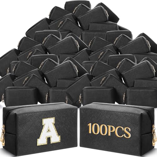 Cunno 100 Pcs Aesthetic Makeup Bags Bulk PU Leather Cosmetic Pouches DIY Toiletry Bags Preppy Makeup Pouch Travel Storage Organizer for Women Travel Party Gift(Black)