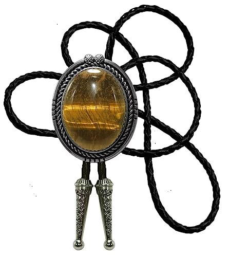 Image of Moranse Bolo Tie with Natural Tiger Eye Stone Celtic Style Genuine and Cowhide Rope