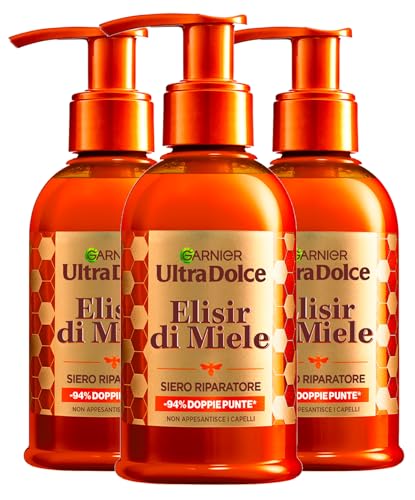 Garnier Ultra Dolce Elixier von Honig Reparaturserum für geschädigtes Haar und doppelte Spitzen mit Akazienhonig Glättendes Thermoschutz-Konzentrat mit leichter Textur - 3 Flaschen à 115ml
