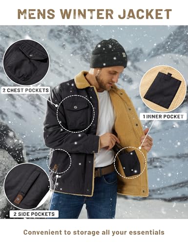 TACVASEN Men's Winter Jacket Sherpa Fleece Lined Cargo Coat Warm Thick Trucker Jacket with Multi Pockets4
