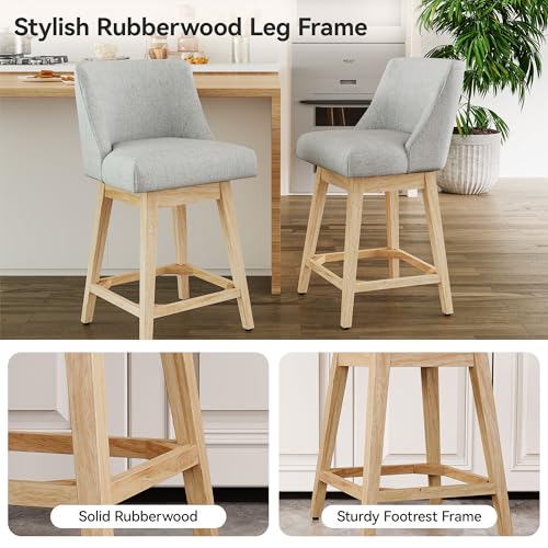 Image of Swivel Counter Height Bar Stools Set of 4, Modern Fabric Swivel Barstools with Contoured Back and Solid Wood Legs, Upholstered Counter Stool Bar Chairs for Kitchen Island, Home Bar, Grey