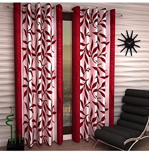 Image of Woah Polyester Floral Door Curtain Door Window Curtain Premium Polyester Weaved Parda Modern Parde for Living Room Bedroom Home Office Screens Eyelet Ring 9-feet (Red D-2)