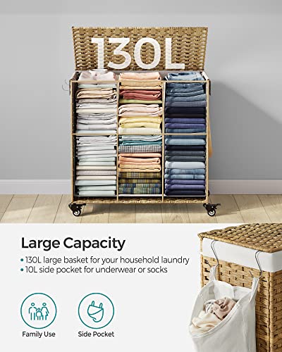 SONGMICS Laundry Basket, Handwoven Laundry Hamper, 140L Rattan-Style Washing Basket with 3 Compartments, Removable Liner, Handles, Lid, Living Room, Bathroom, 66 x 33 x 60 cm, Natural LCB363N01