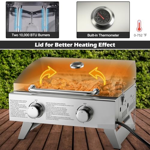 Giantex Portable Gas Grill with 2 Burner, Max. 20,000 BTU total, Folding Legs, Built-in Thermometer, Travel Locks, Stainless Steel Tabletop Propane Gas Grill for Camping Picnic Cookout RV BBQ