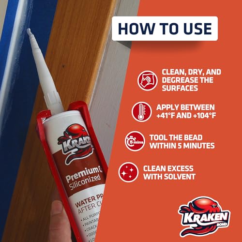 Image of Kraken Bond Premium All Purpose Acrylic Latex Caulk - (1x10.1 fl. oz.) White Paintable Interior and Exterior Window Caulk, Baseboard, Trim, Kitchen and Bathroom - Waterproof, Odorless - 1 Pack