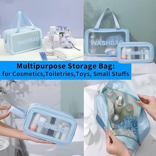Image of KASHIVAL 3-Piece Clear Travel Toiletry Bags Set, Waterproof Transparent Makeup Organizer Pouches with Zipper, Large Medium Small Cosmetic Storage Cases with Carrying Handle (Blue)