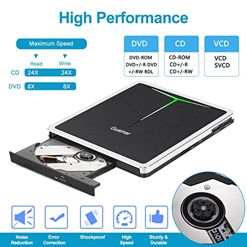 Guamar External Cd Dvd Drive, Usb 3.0 Usb-C Cd/Dvd+/-Rw Burner Writer Portable Cd Rom Optical Disk Drive Reader Player For Laptop Pc Mac Windows 11 Desktop With Sd/Tf Slot/2 Usb Ports (Silver) #TOP2