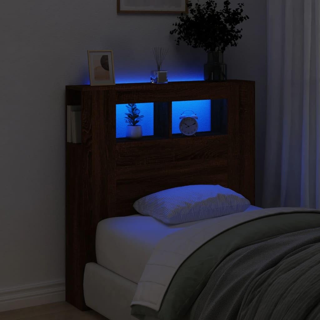 Zagłówek LED brązowy wygląd dębu, 100 x 18,5 x 103,5 cm, materiał drewnopochodny, z oświetleniem RGB i półką, nowoczesne wzornictwo do sypialni
