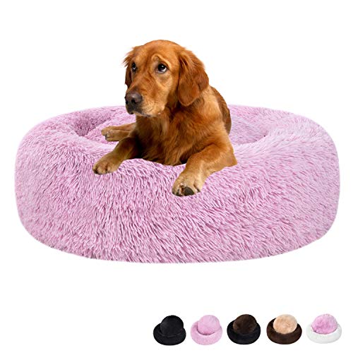 Coohom Calming Shag Faux Fur Dog Bed,Donut Cuddler Cat Bed Washable Round Pillow Pet Bed Assorted Color(23
