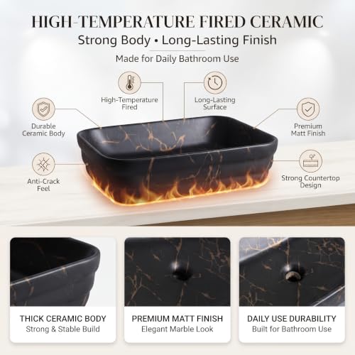 Image of InArt 1081 Wash Basin for Bathroom, Matt Black Marble Tabletop Washbasin, Ceramic Countertop Vessel Sink, 500 x 350 x 130 mm Rectangular Bathroom Sink for Vanity