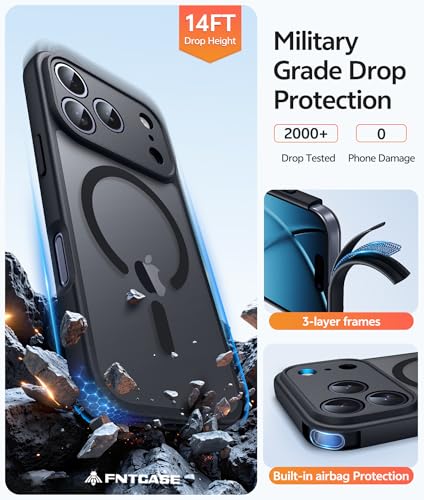 Image of FNTCASE for iPhone 17 Pro Case: [Compatible with Magsafe] Translucent Matte Cases with [Full Camera Protection] [Screen Protector] Military Grade Shockproof Protective Phone Cover - Black