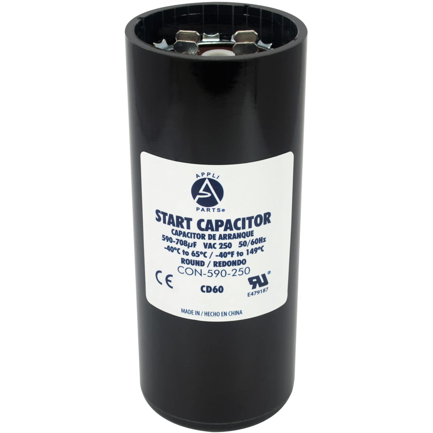 Appli Parts Motor Start Capacitor 590-708 Mfd (microfarads) uF 250 VAC Universal fit for Electric Motor Applications 1-3/4 in Diameter 4-3/8 in Height