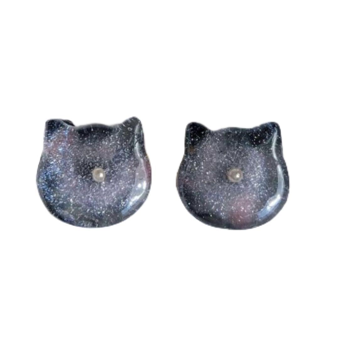 ハロウィン夜空を映した黒猫ちゃんピアスハンドメイドレジンアクセサリー銀河星月