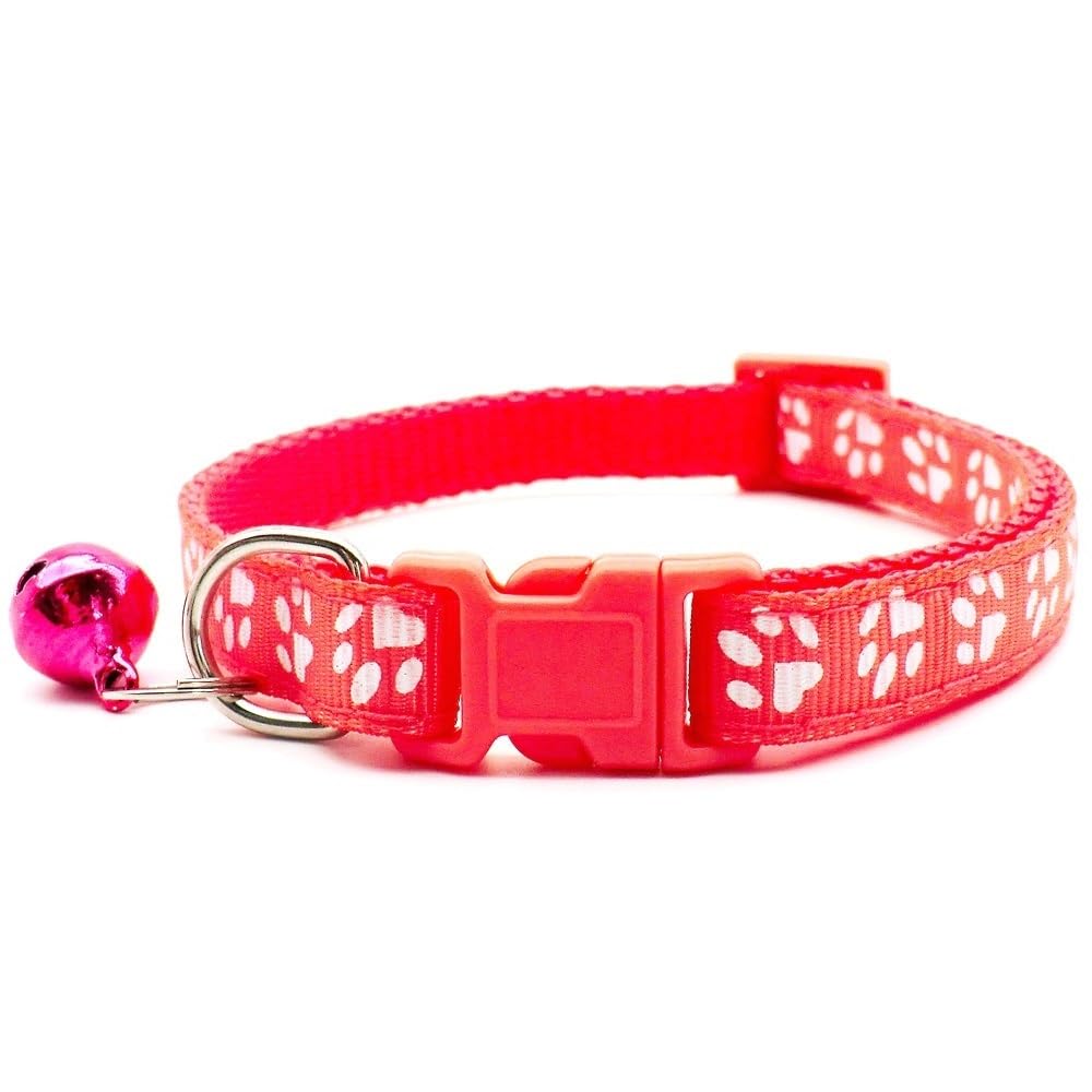 Dog Puppy Pet Small Medium Collar 2 Sizes Pawprint Design with Bell Nylon Adjustable Red Pink Watermelon M - Image 2