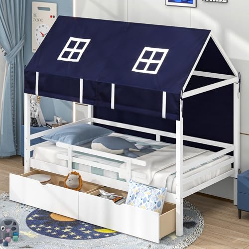 Giantex Twin House Bed with Tent, Wood Kids Daybed Frame with 2 Storage Drawers, Rails and Roof, Montessori for Boys Girls Teens, No Box Spring Needed, White