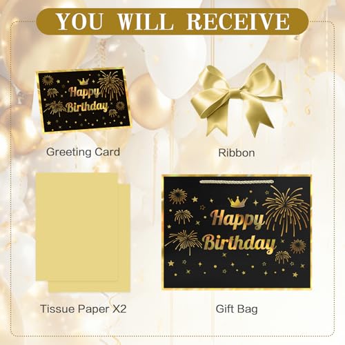 Image of JMANNI Black Gold Happy Birthday Gift Bag with Card and Tissue Paper, 12.6 inchx9.84 inchx3.9 inch Elegant Present Bag for Men Women, Year Old Birthday Keepsake Party Supplies