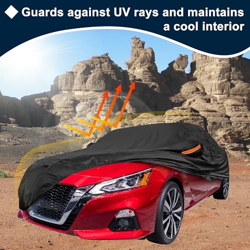 Image of Black Heavy Duty Waterproof Car Cover for Sedan 201 inch-207 inch - All-Weather UV Protected Outdoor Full Exterior Cover with Sun /Snow /Rain Resistance