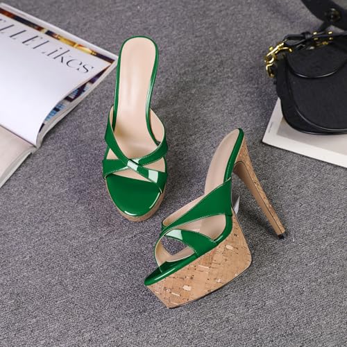 Image of Esvowido Heeled Mules for Women Cork Platform Stiletto Heels Slip on Open Toe High Heeled Sandals Crisscross Slippers Pumps Shoes