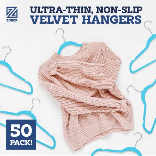 Image of ZOBER Turquoise Velvet Hangers 50 Pack - Clothes Hangers, Coat Hanger for Pants & Dress Clothes - Non Slip w / 360 Degree Swivel, Holds up to 10 lbs - Strong Felt Hanger for Clothing