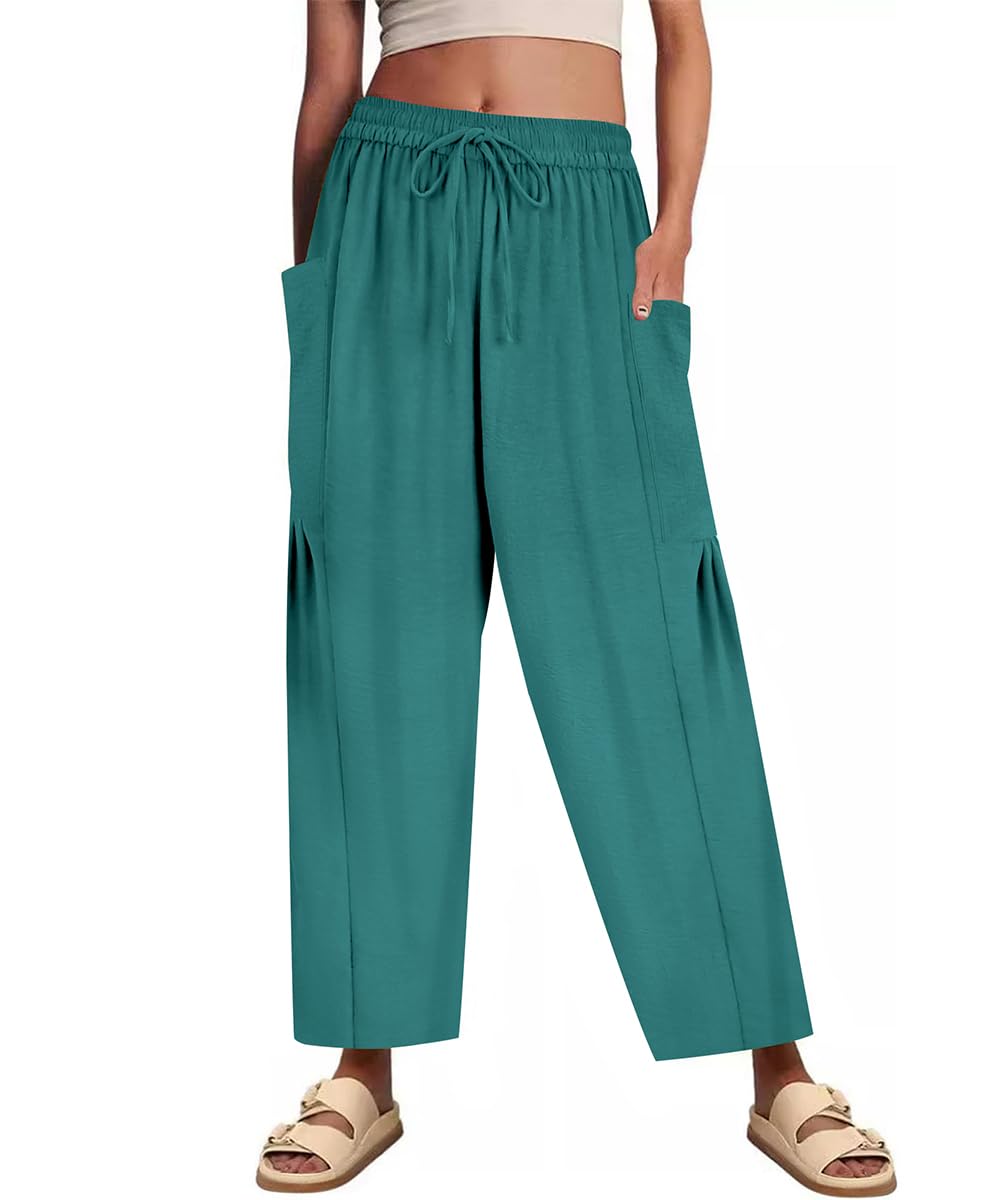 CARCOS Plus Size Pants Womens Summer Palazzo Pants Drawstring Wide Leg Harem Beach Pant with Pockets Vacation Outfits