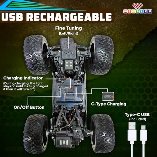 Image of Wembley Remote Control Car for Kids 4-12 Years, 1:18 RC Monster Truck 2WD with Dual Spray Smoke, LED Lights, 2.4GHz Long Range Remote Car, Alloy Body Off Road Toy Car, Rechargeable Type C SUV (Green)