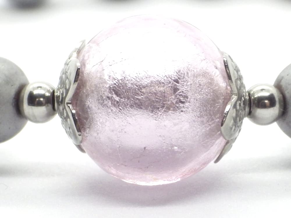 Conjunto de joyería pendientes, collar y pulsera en acero inoxidable, hematites y cuentas de cristal de Murano rosa