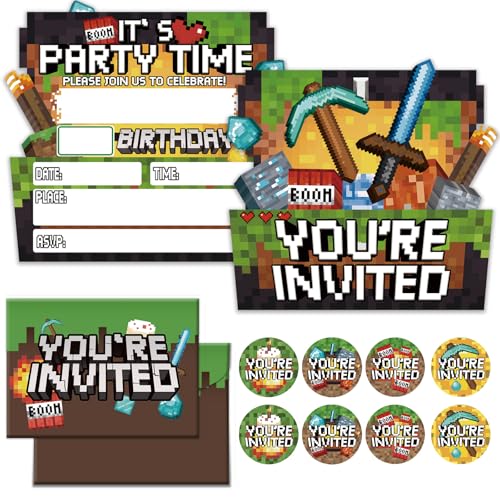 Birthday Party Invitations Boy - Pixel Party Invitations - 20 Sets Birthday Invitations for Boys Girls Kids - Pixel Theme Bday Party Decorations - 20 Invitations with Envelopes and Stickers B