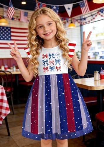 Image of Girls 4th of July Dress American Patriotic Outfit USA Independence Day Clothes Flutter Sleeve Tulle Tutu Dress 5-14y