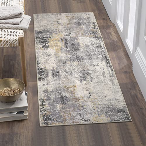 Lahome Modern Abstract Gray Bathroom Runner Rug, 2x4.3 Washable Laundry Room Runner, Soft Non Slip Low Pile Throw Carpet Runner for Entryway Kitchen Hallway Doorway Bedroom