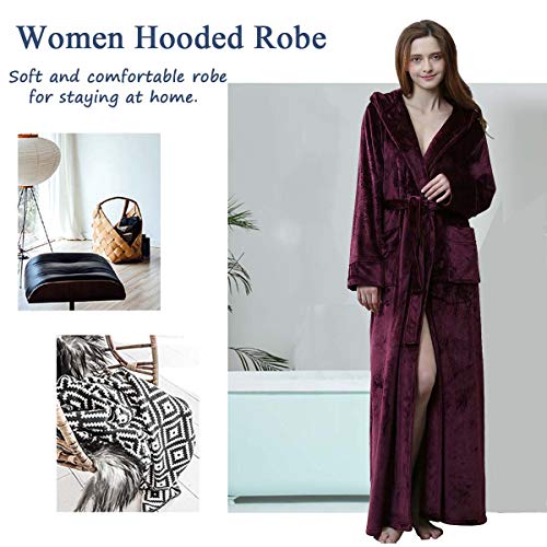Hellomamma Long Hooded Robe for Women Luxurious Flannel Fleece Full Length Bathrobe Winter Warm Pajamas Shower Nightgown3