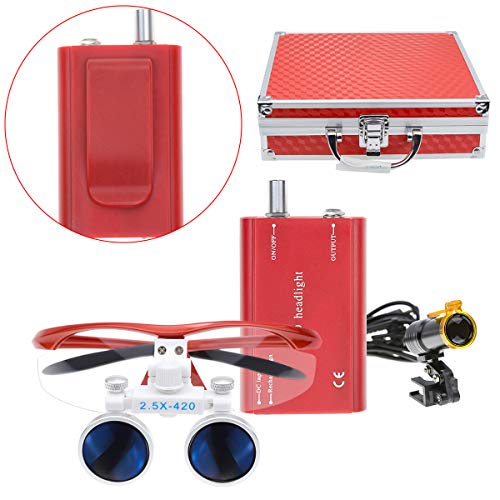 2.5X Binocular Loupes 420mm Optical Glasses +5W LED Headlight Lamp with Filter + Aluminum Box DY-008 (Red)