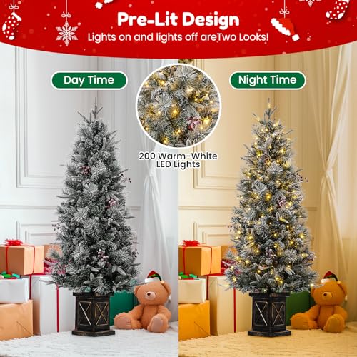 GAOMON 4.5ft Christmas Tree 2 Set with 200 Warm White LED Lights, Pre-Lit Snow Flocked Christmas Tree with X Shape Potted Base, Artificial Xmas Tree with Red Berries, Decoration for Home, Entrances