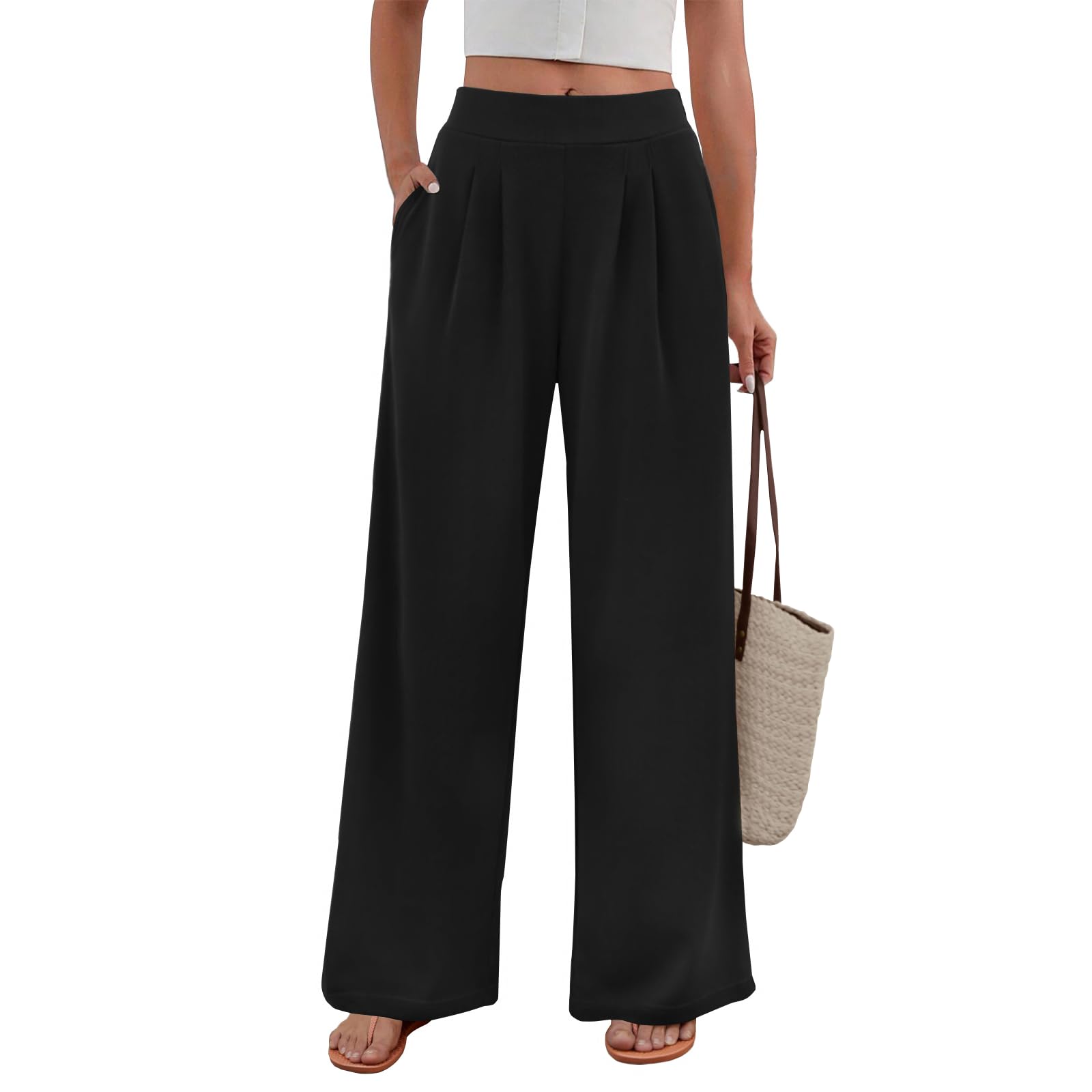 FireSwan Womens Wide Leg Palazzo Pants High Elastic Waist Casual Work Pants Flowy Dress Trousers with Pockets