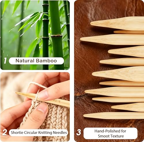 Image of Yarniss 10 Size Shortie Circular Knitting Needles Set with Case 3.25~6.5mm,2 & 3.15 Inch Bamboo Interchange Knitting Needles with 4Pcs Flexible Cables