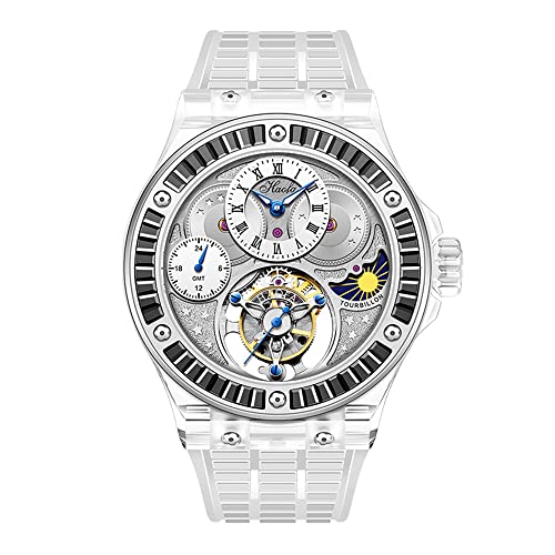 Haofa 腕時計メンズ トゥールビヨン K9水晶ガラス ダイヤモンドベゼル 機械式手巻き ムーンフェイズ GMT 腕時計 中空の文字盤 防水 高級 おしゃれ 男性プレゼント