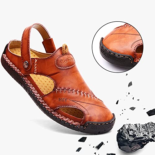 Sandals for Men Closed Toe Leather Sandals Beach Casual Outdoor Hiking Fisherman Sandals Shoes Wide Width Waterproof Anti-Slip Slippers Sandals (Red Brown)4