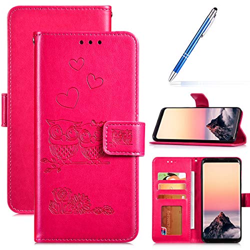 Robinsoni Case Compatible with Samsung Galaxy S9 Phone Case Wallet Galaxy S9 PU Leather Cover Shockproof Kickstand Case Flip Notebook Style Phone Cover Heavy Duty Case Hard Case Owl Printed Rose Red