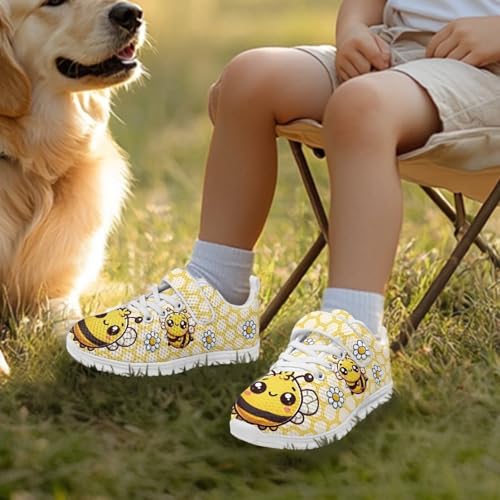 Kids Shoes Little Kid Boys Girls Athletic Running Sports Strap Sneakers for Little Kid/Big Kid Bee Flowers Pattern（White Sole）3