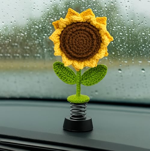 Image of Handmade Crochet Sunflower Double pattels Car Dashboard Decorations Gifts for Women, Cute Sun Flower Car Dashboard Decor, Smiley Face Mini Sunflower Spring Desk Decorations 1 PCS