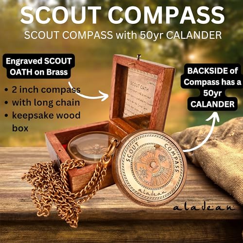 Brújula Scout Compás de Bronce Grabado con Juramento Scout en Caja de Madera, Compás de Camping y Senderismo con Calendario de 50 Años miniatura 2