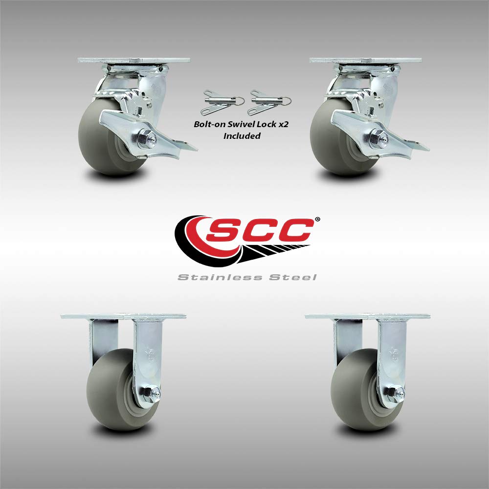 Stainless Steel Heavy Duty Swivel Caster Set of 4 with 4 Inch Thermoplastic Donut Tread Wheels and Ball Bearings-Includes 2 Swivel with Brakes and Bolt on Swivel Locks and 2 Rigid-Service Caster Brand