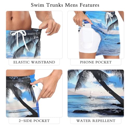 Mens Swim Trunks with Liner, Beach Palm Tree Cool Quick Dry Beach Swim Shorts, Swimwear Bathing Suits S3